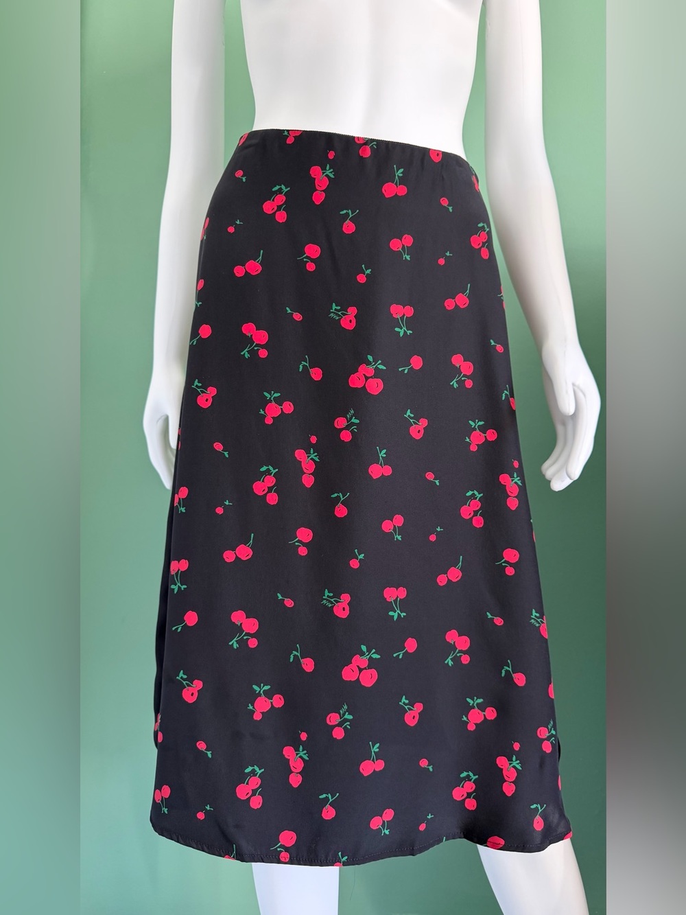 HVN Silk Cherry-Print Black Midi Skirt